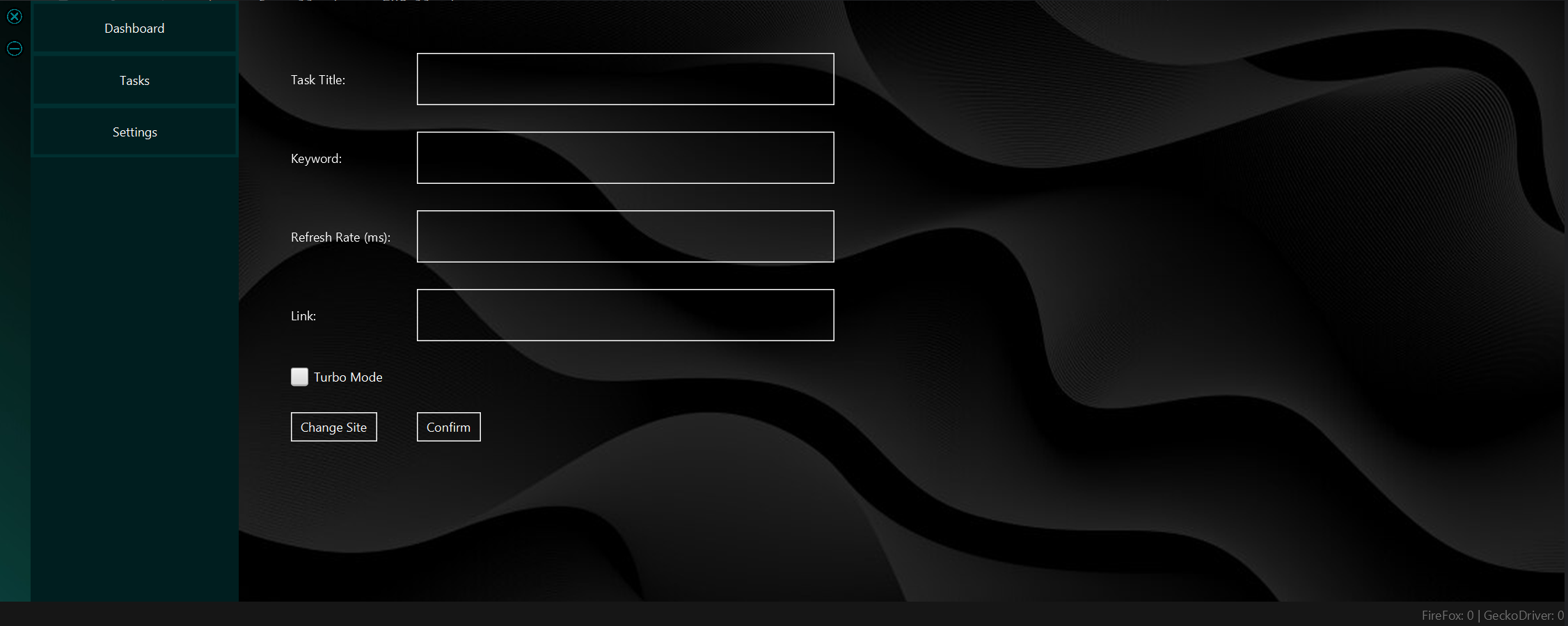 Task configuration interface with keyword input, refresh settings, and search options